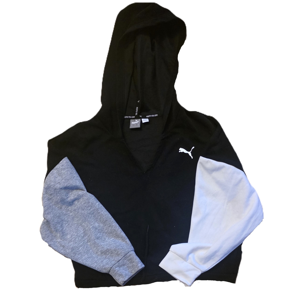 Puma Cropped Black and White Hoodie With Dual Color Sleeves